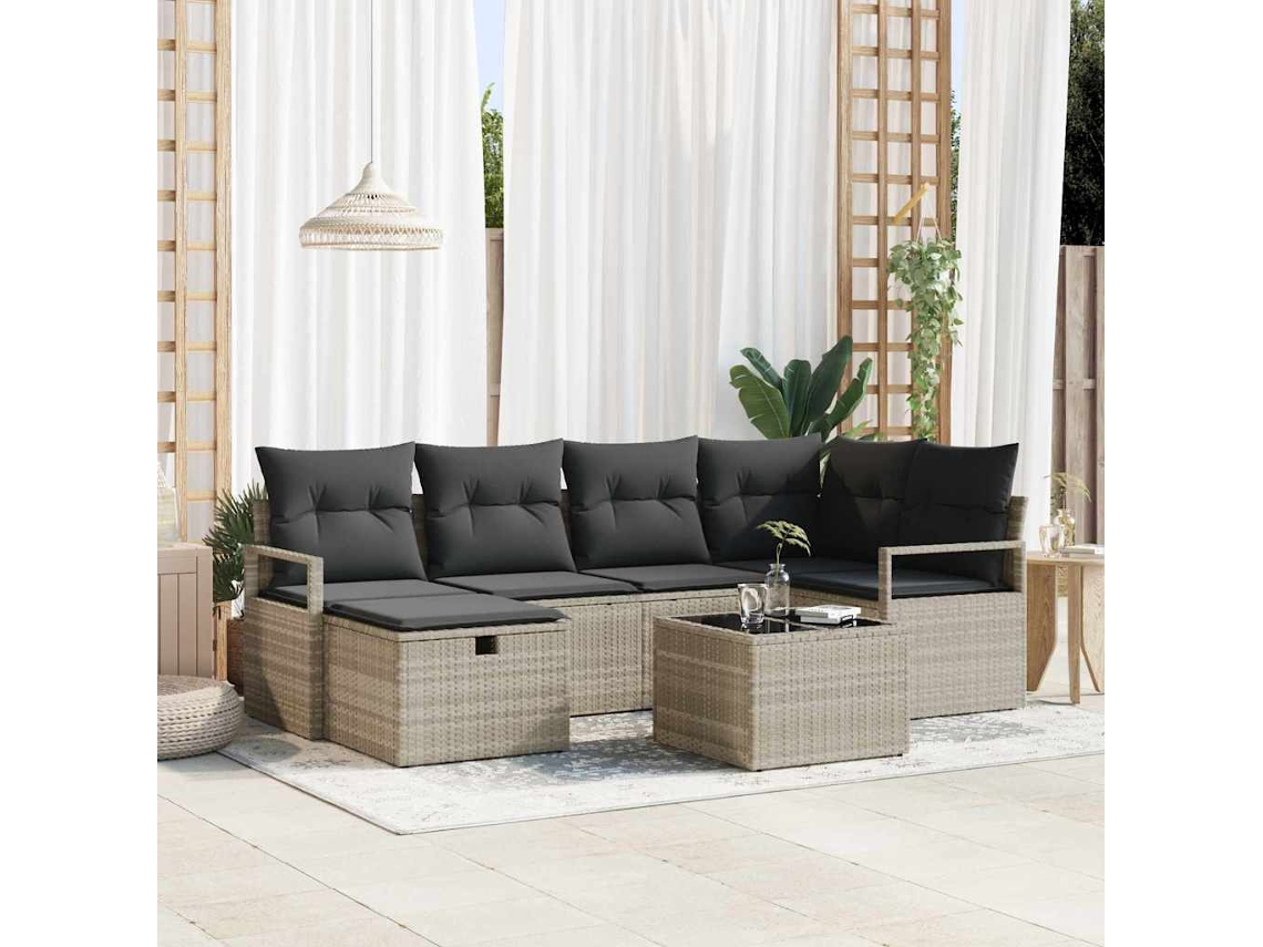 Vidaxl Conjunto De Sofás Com Almofada 7 Pcs Cinzento-claro Vime Pe