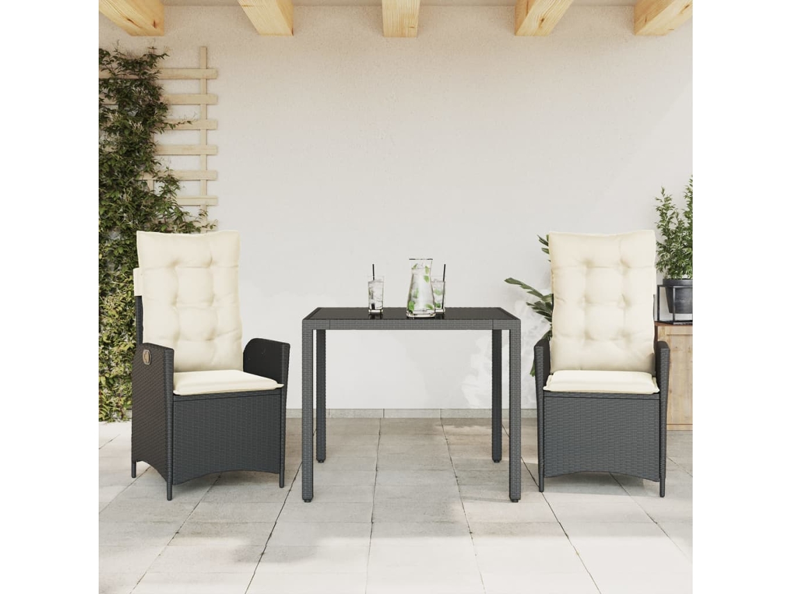 Vidaxl 3 Pcs Conjunto De Jantar P/ Jardim C/ Almofadões Vime Pe Preto
