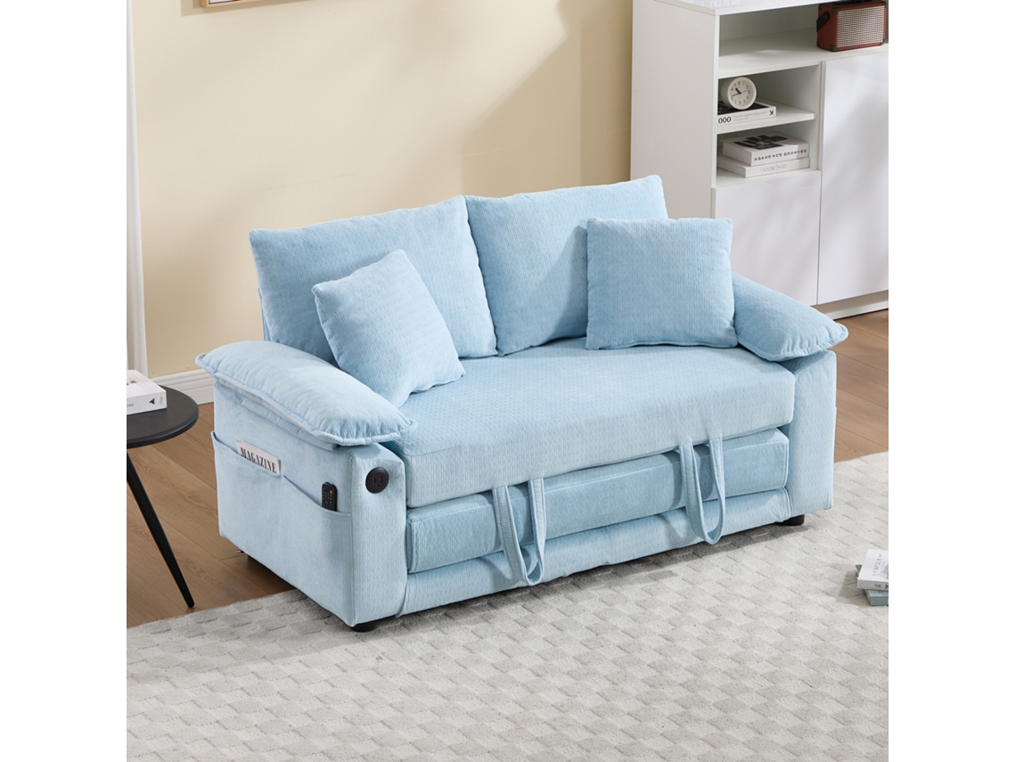 Sofá-cama Futon Estofado 3 em 1 Dobrável, 58 Polegadas com Bolsos Laterais, Azul