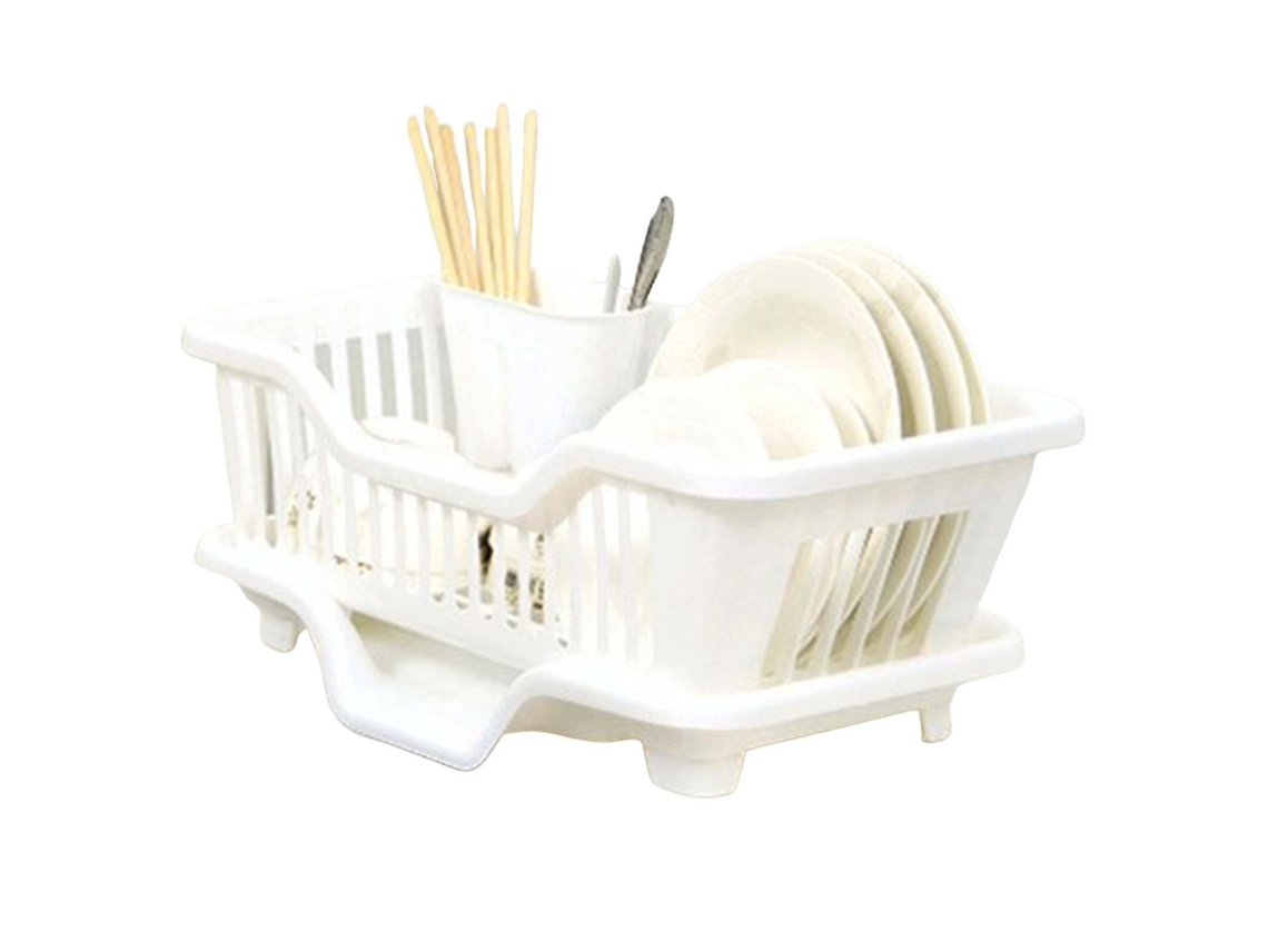 Porta Pratos com Tabuleiro de Drenagem para Pratos, Facas, Colheres e Garfos de Plástico Resistente Blanco