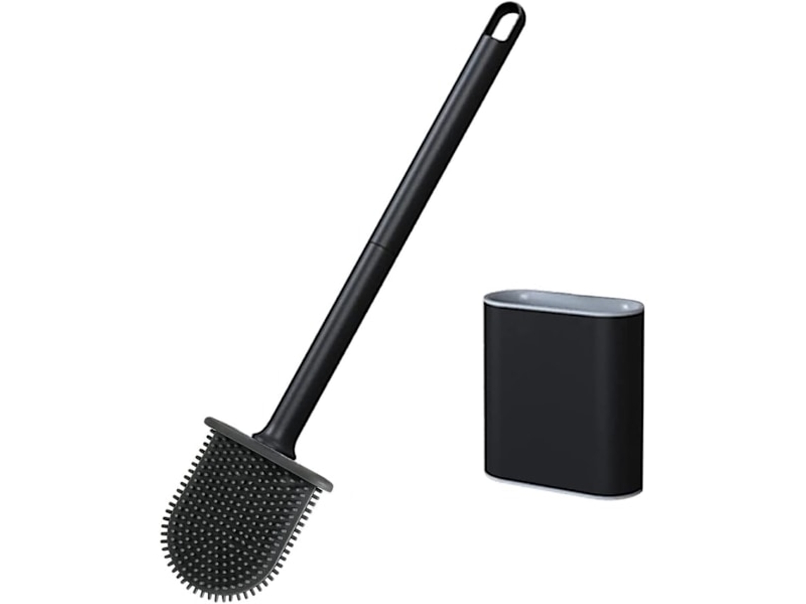 Escova Sanitária de Silicone com Suporte para Parede, Cabo Longo Antiderrapante, Ideal para Uso Profissional no Banheiro, Preta