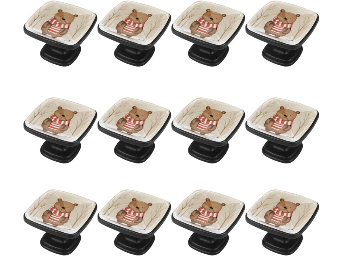 Puxadores Quadrados Para Armários De Cozinha, Puxadores Para Gavetas De Cômoda, 12 Peças, Urso Usando Cachecol Vermelho