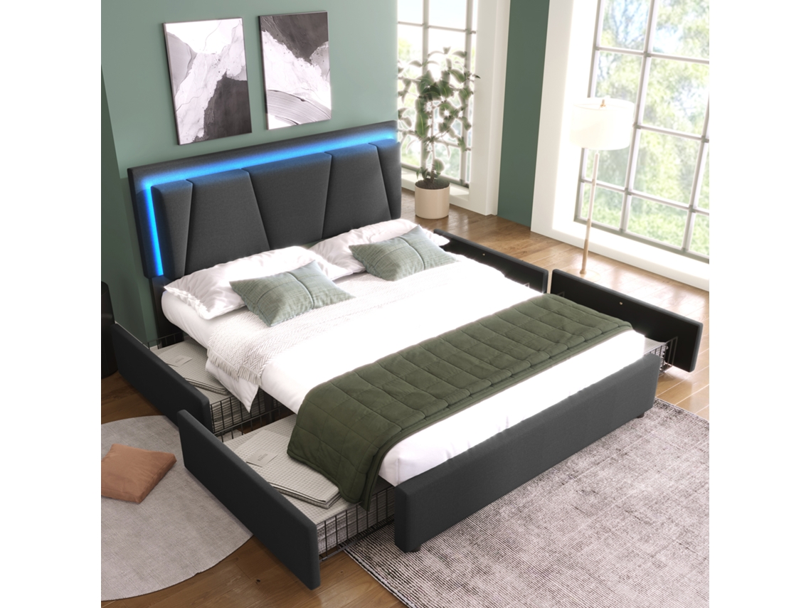 Cama Box 140x200cm Com Led 4 Gavetas Cabeceira Ajustável Cinza