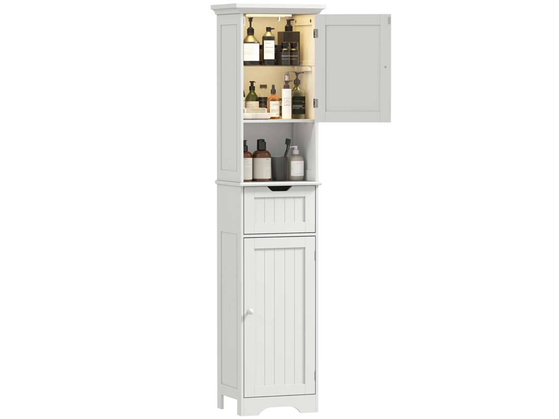 Móvel coluna para banheiro BTFORUS em madeira com 2 armários com sensor, prateleira aberta e gaveta, 40x30x170cm branco