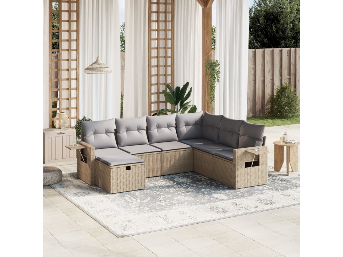 Vidaxl 7 Pcs Conj. Sofás Jardim C/ Almofadões Vime Pe Bege Misturado