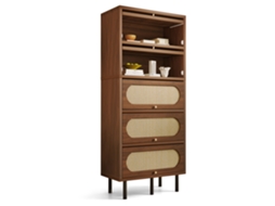 Buffet em Nogueira com Rattan 80x40x163 Cm,armário Alto 5 Portas,móvel de Madeira com Pés de Metal,grande Espaço de Armazenamento ORBITRA COMMERCE