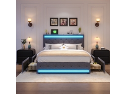 Cama De Casal 180x200 Cm Com Led E 4 Gavetas, Cama Estofada Em Tecido Linho Cinzento, Estrutura Metálica, Arrumação, Sem Colchão