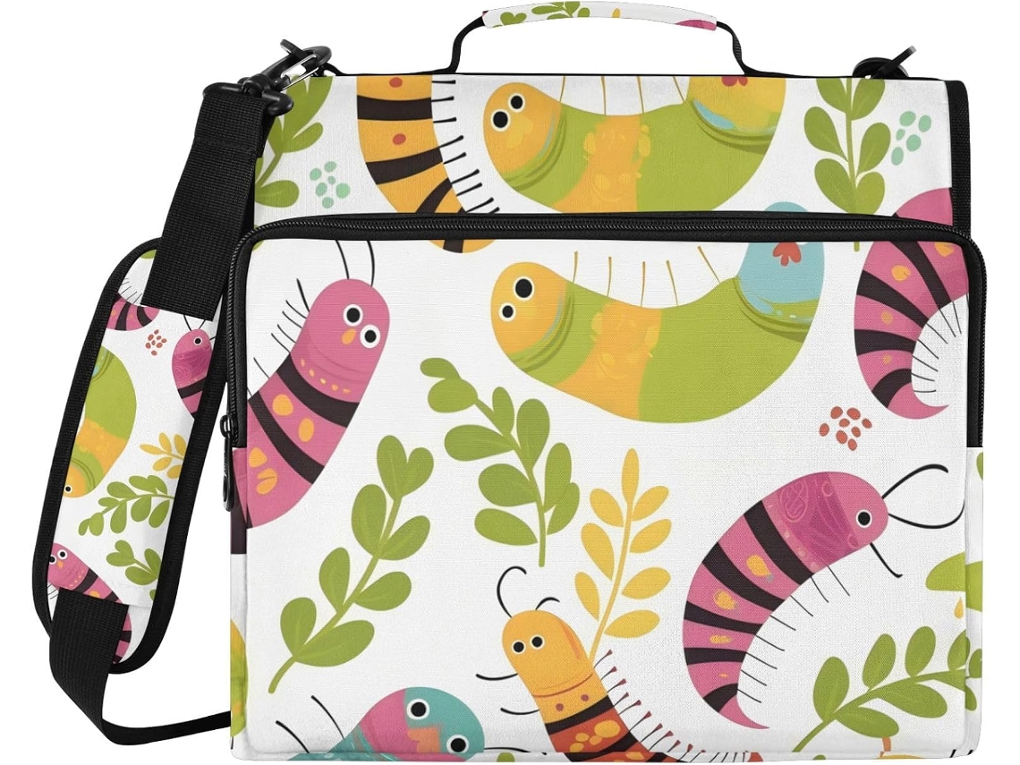 Pasta Organizadora de 3 Argolas em Formato Lagarta, com 3,8 Cm Altura, Zíper e Alça, Vários Bolsos Design Fofo
