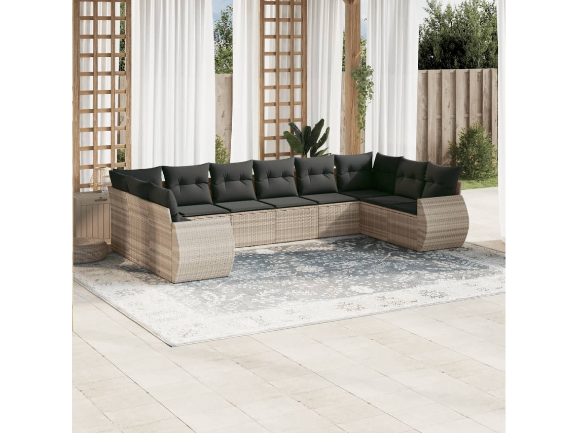 Vidaxl 10 Pcs Conj. Sofás Jardim Com Almofadões Vime Pe Cinzento-claro