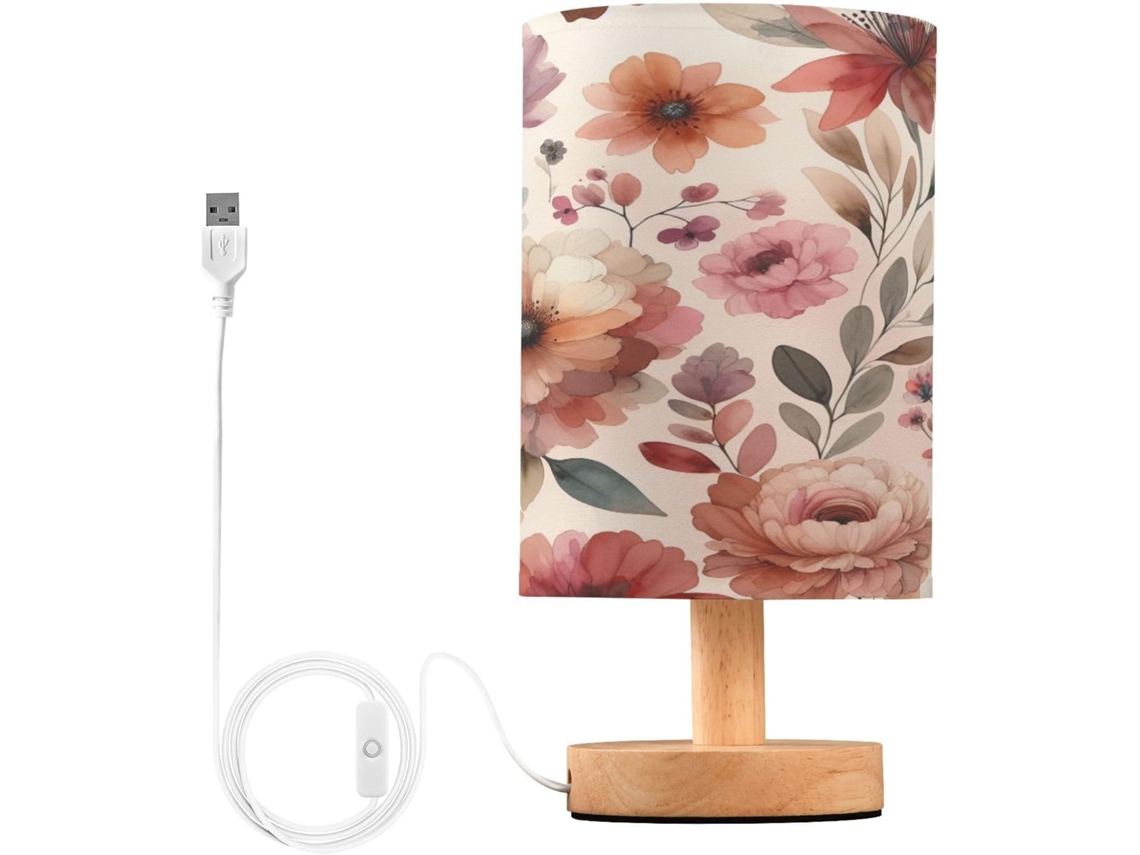 Abajur De Cabeceira Peônia Para Quarto, Abajur De Cabeceira Led, Luminária De Leitura Com Portas Usb E Cúpula Tecido