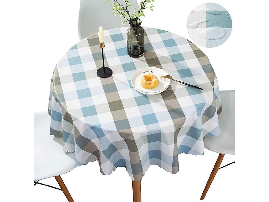 Nova Line toalha de Mesa Redonda Pvc Lavável, Protetor Grosso para Mesa de Jantar, Padrão Xadrez Azul 48 Polegadas