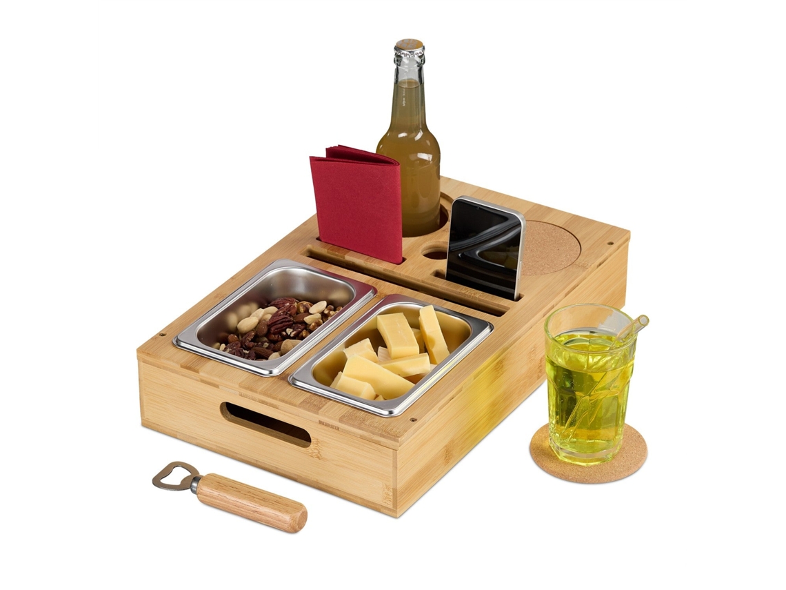 Bandeja De Sofá Em Bambu Com 2 Tigelas, Porta-copos E Suporte Para Celular