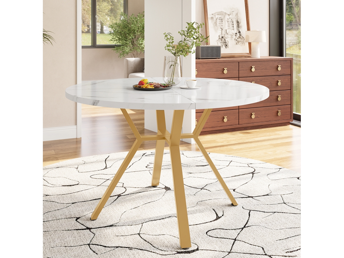 Mesa Redonda 100 Cm Mármore com Base em X Dourada, Design Elegante LAMAISON