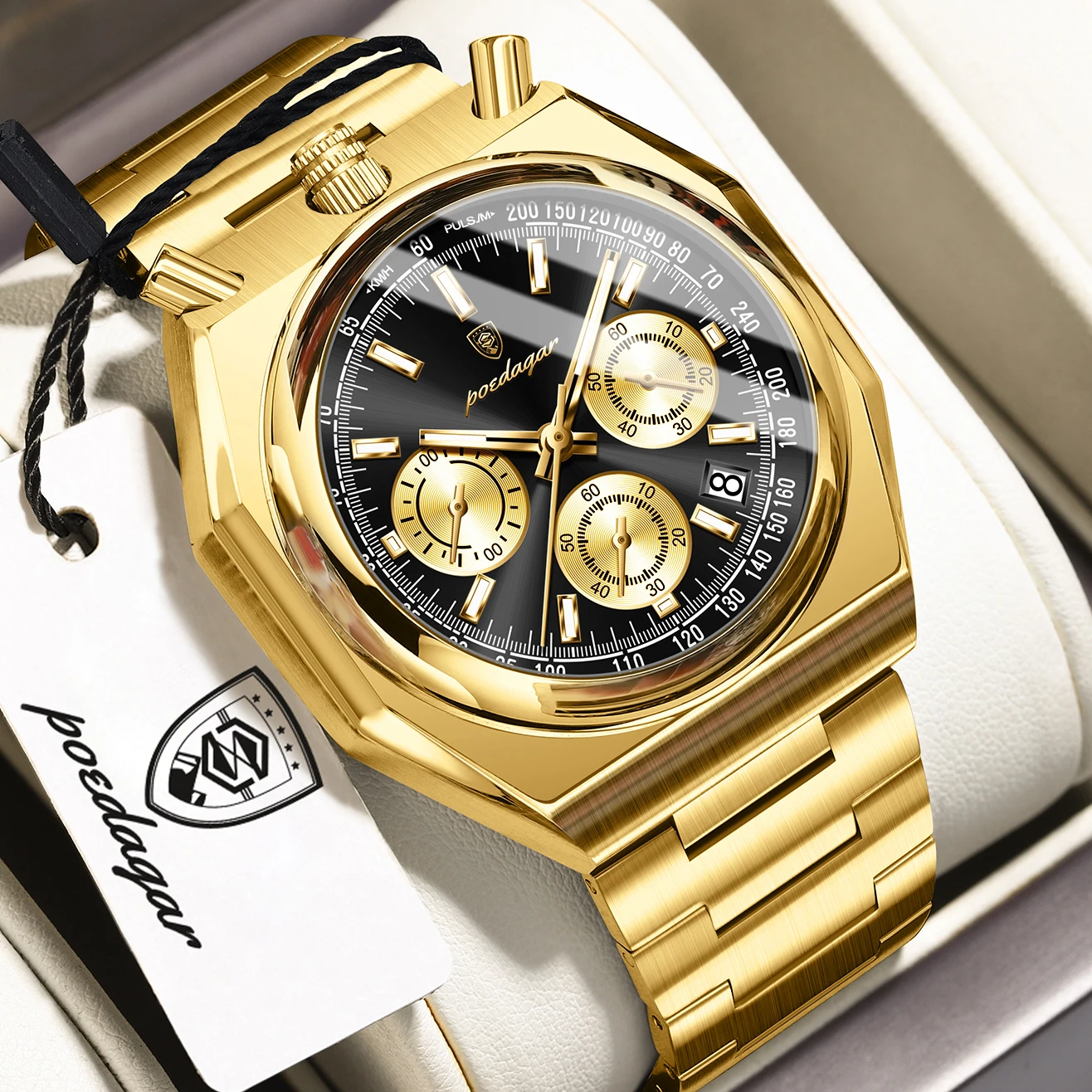 Relógio masculino funcional (dourado e dourado), luminoso, resistente à água, com cronógrafo e função de dados, movimento de quartzo.