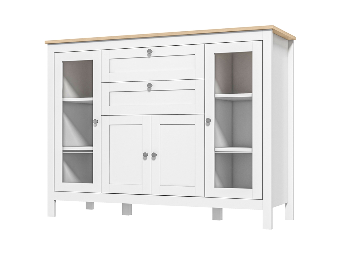 Aparador Cozinha com 2 gavetas, 2 portas de vidro, branco, 120x40x90cm