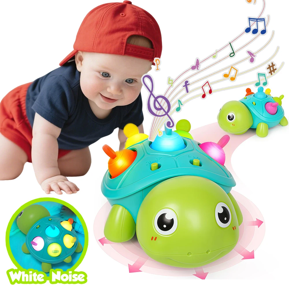 Tartaruga De Brinquedo Pequena Com Luzes E Sons, Consegue Rastejar, Tem Uma Roda Giratória De 360° E Luzes Com Efeito Degradê.