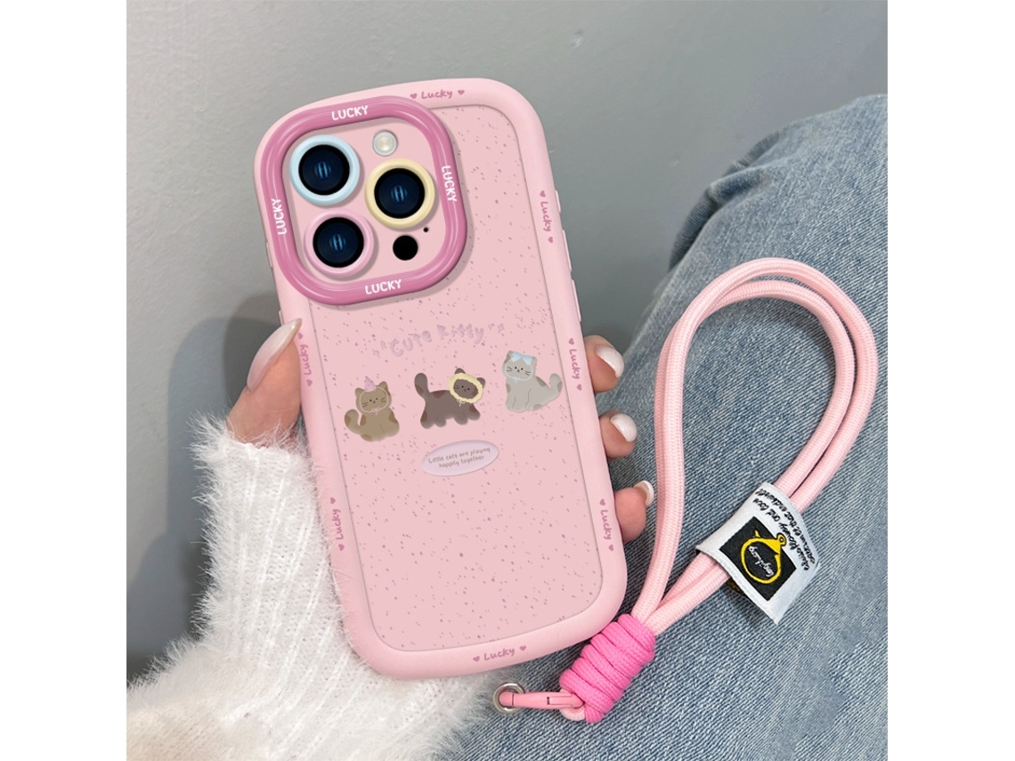 Capa Para Iphone 17 Pro Com Estampa De Gatinho Café Pulseira Rosa