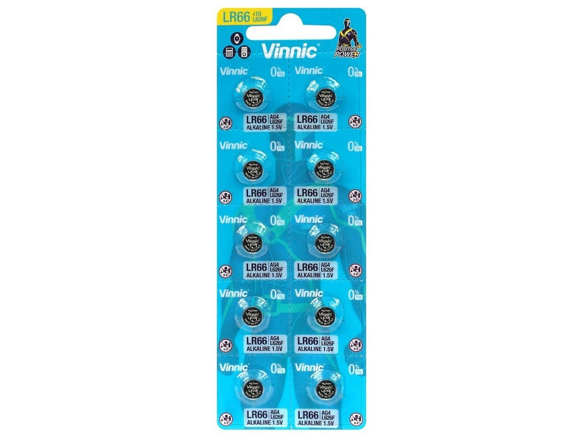 Pilhas VINNIC G4 / Ag4 / L626 / Sr626 / 377 / Lr66 / Lr626 1,5 V 10 Unidades