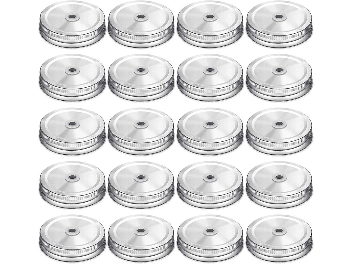 20 Tampas de Vidro Mason de Acero Inoxidable Con Agujeros para Pajitas Compatibles Con Frascos Regulares