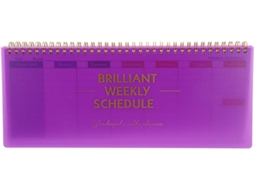 Agenda semanal sem data, em papel espiral roxo, para uso escolar, com layout horizontal.