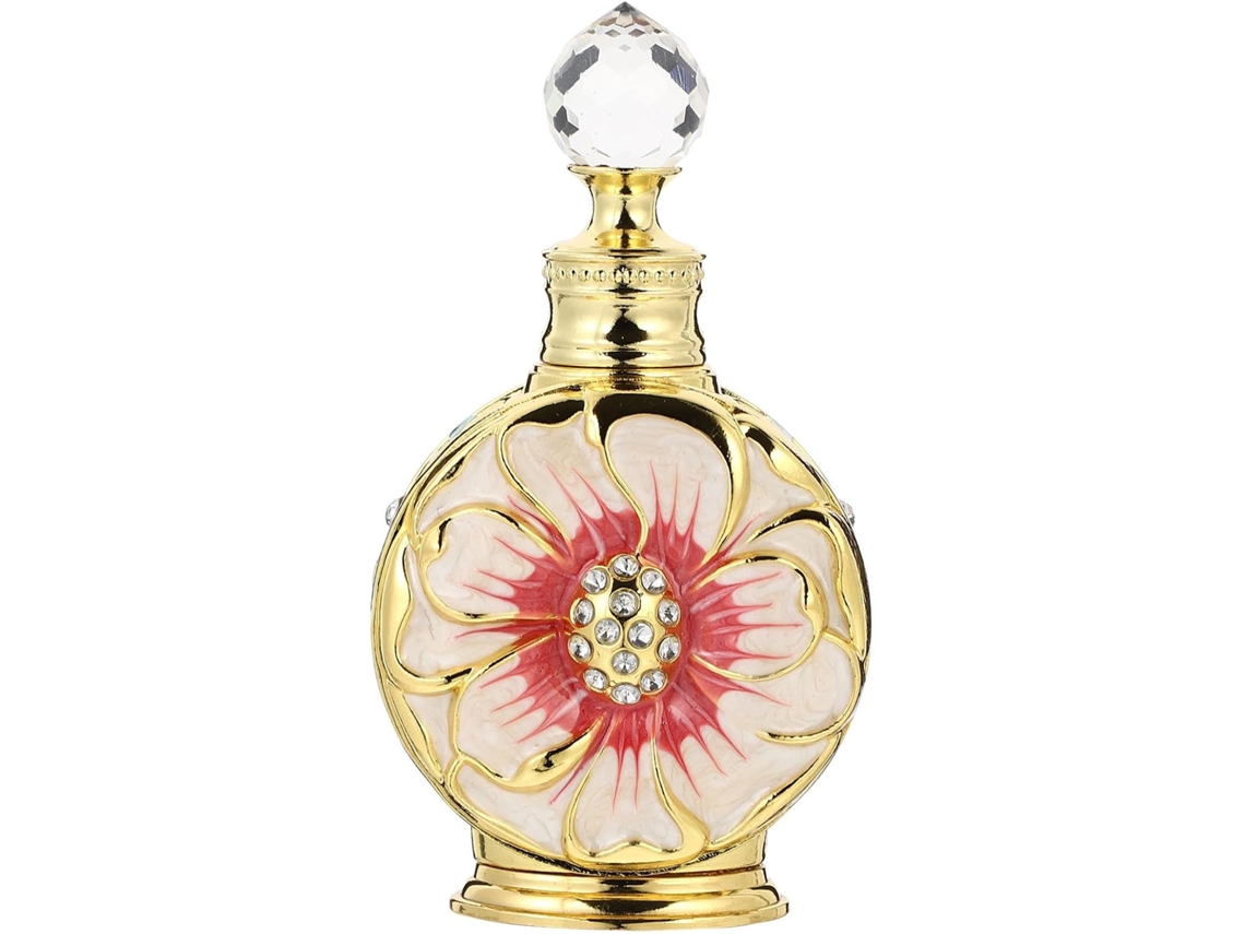 Frasco de vidro para óleos essenciais e perfumes, com design criativo na cor rosa.