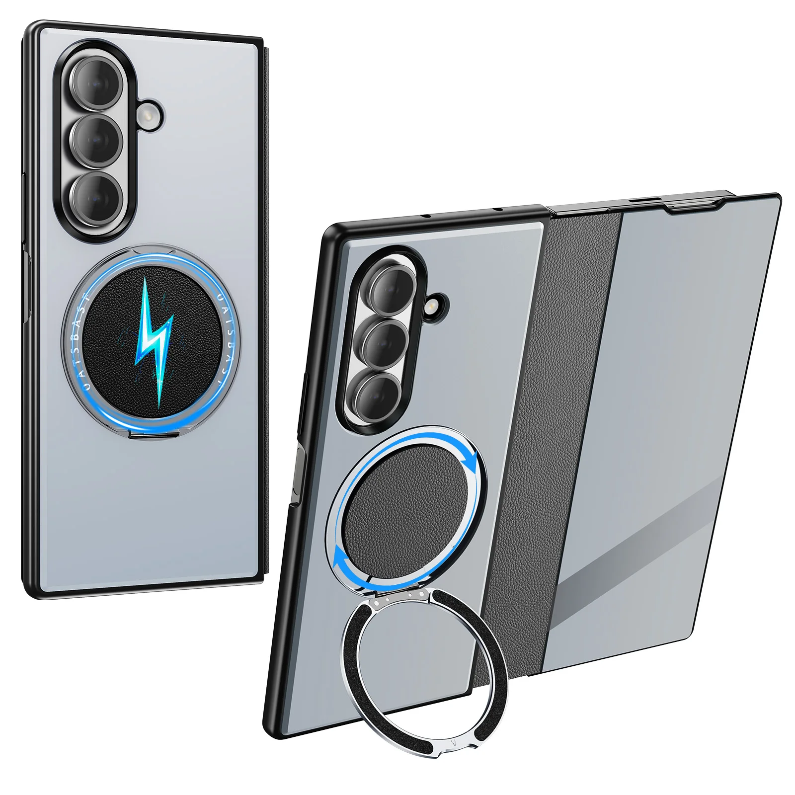 Capa Para Celular (galaxy Z Fold7 Cinza) Em Couro Genuíno Com Suporte Magnético, Rotação De 360° E Proteção Contra Quedas.