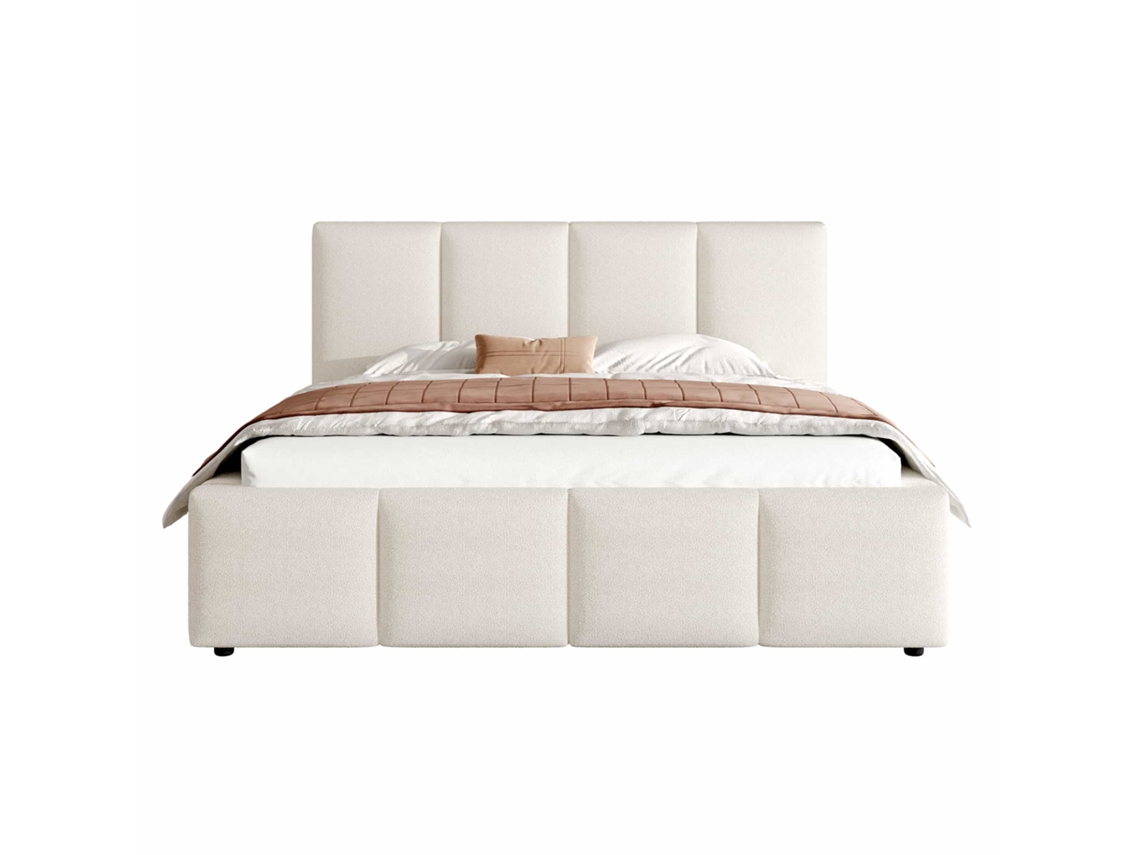 Cama Estofada 160 X 200 Cm - Com Base De Lâminas E Cabeceira Acolchoada Bouclé - Bege