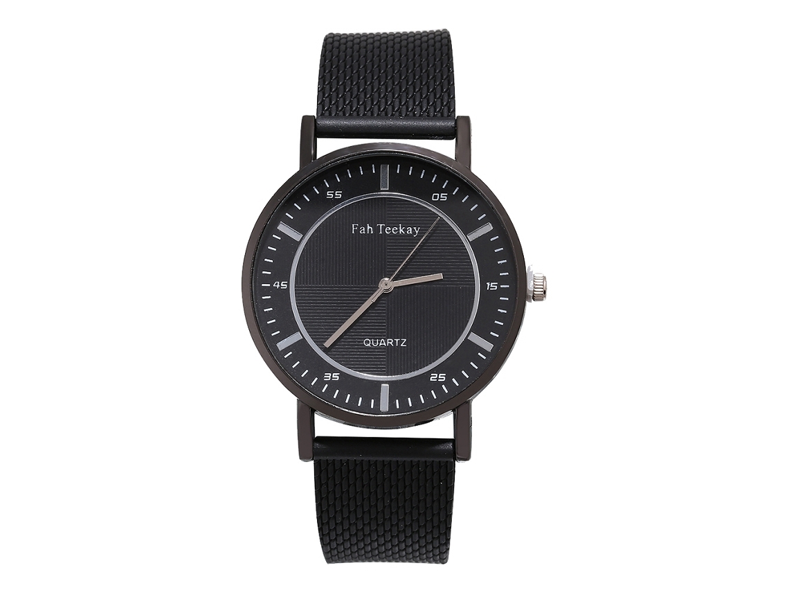 Relógio masculino de quartzo com pulseira de malha e mostrador redondo casual (preto)