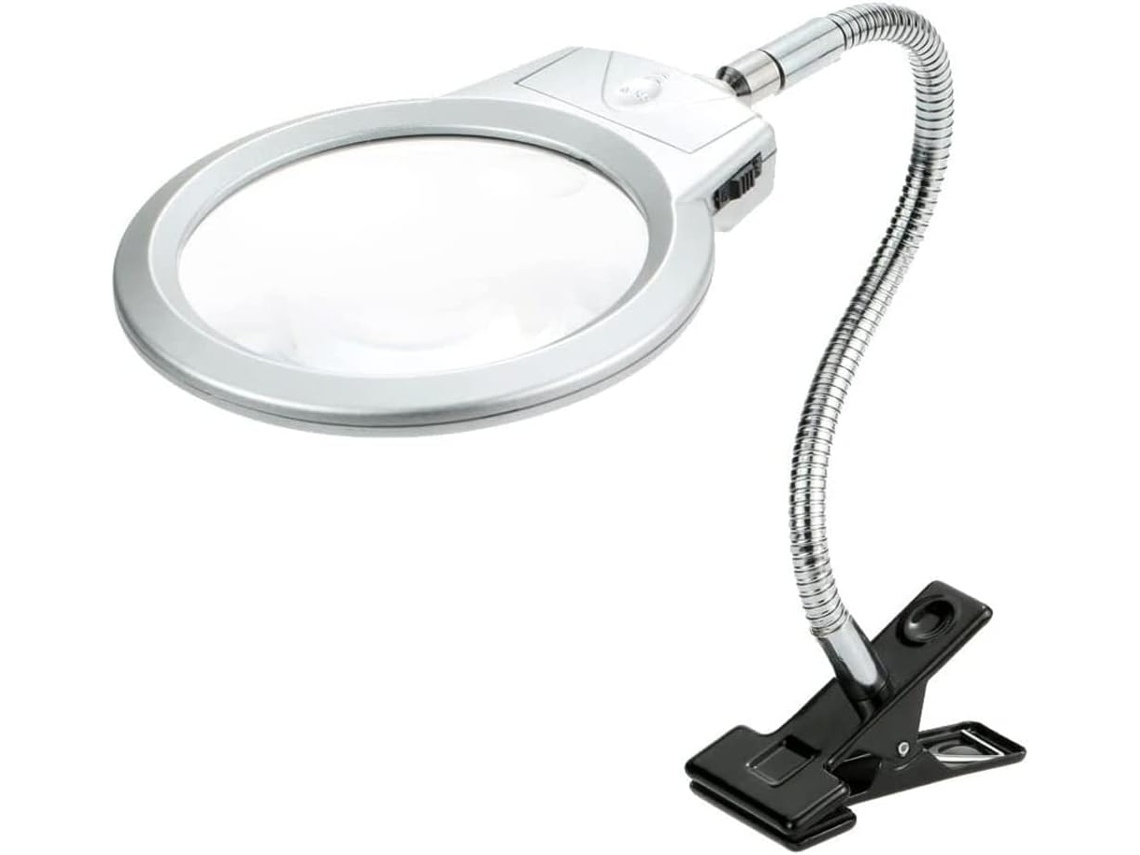Lupa De Mesa Com Iluminação Led 2,25x/5x, Tubo Metálico, Luminária De Leitura Com Luz Led E Clipe. Aquaforge