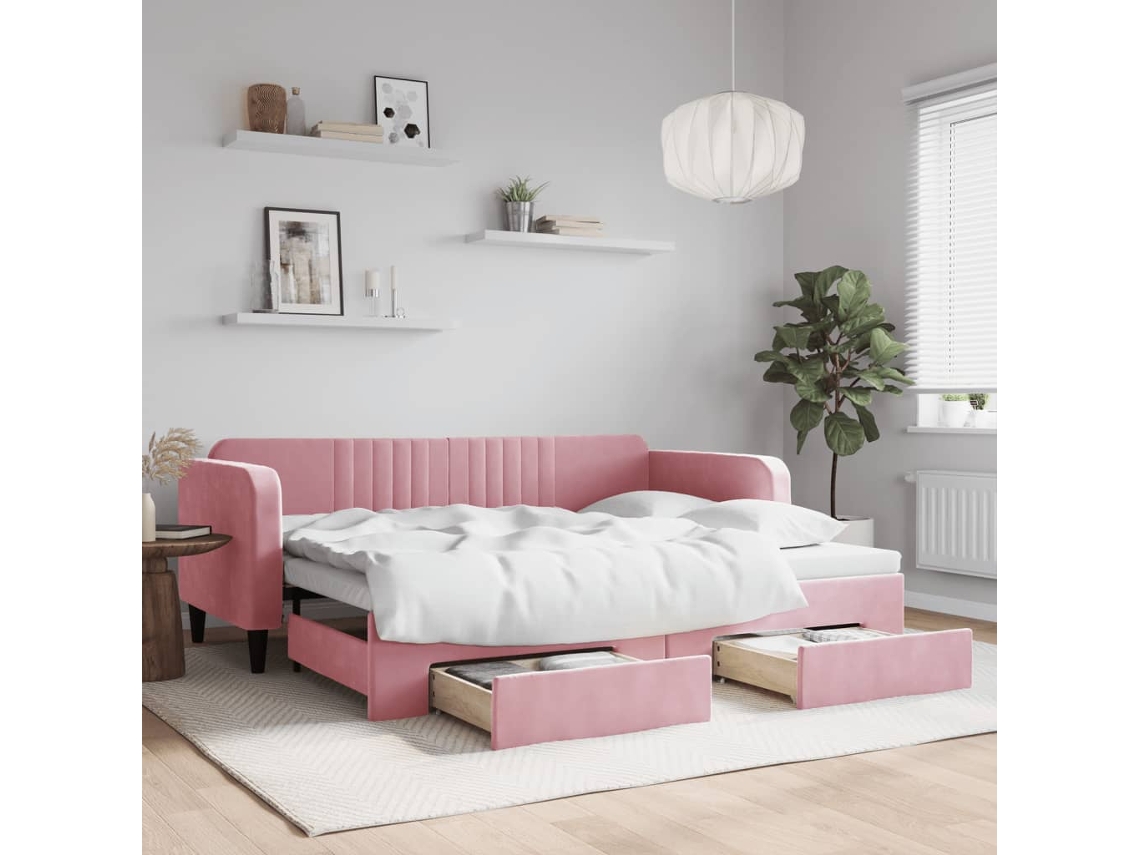 Sofá Cama De Solteiro Com Gavetas Gavetão Lovely Home Madeira Veludo Rosa (90x200)