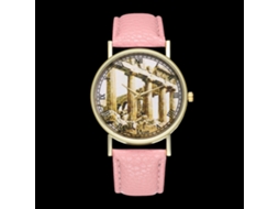 Relógio de Pulso Analógico Quartz Unissex Rosa com Mostrador Redondo e Pulseira de Couro