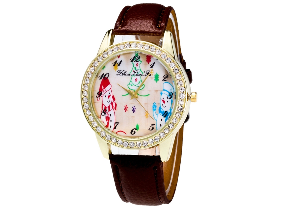 Relógio de Pulso Feminino Analógico de Quartzo com Pulseira Pu e Strass Dial Grande