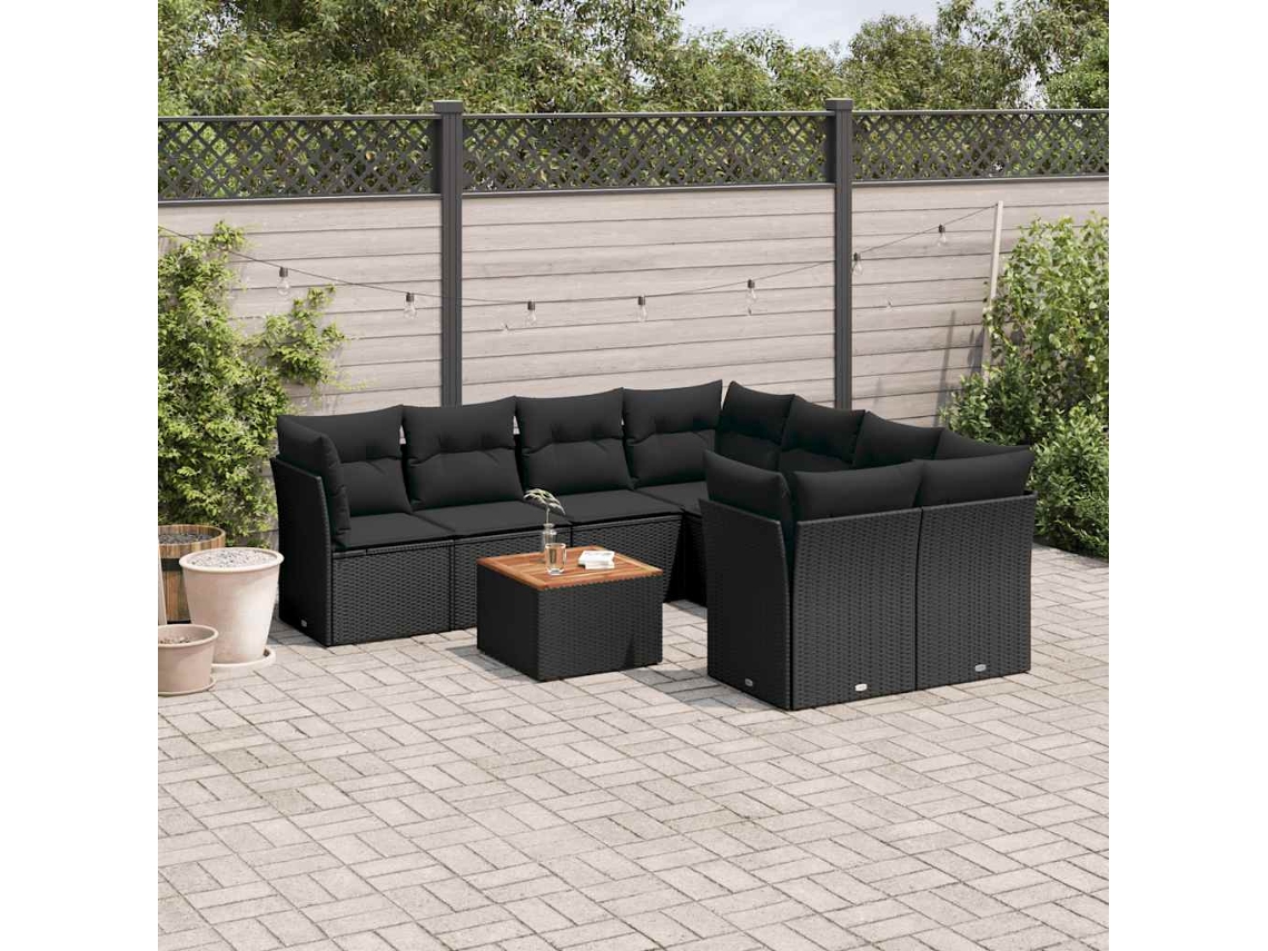 Vidaxl 9 Pcs Conjunto De Sofás P/ Jardim C/ Almofadões Vime Pe Preto