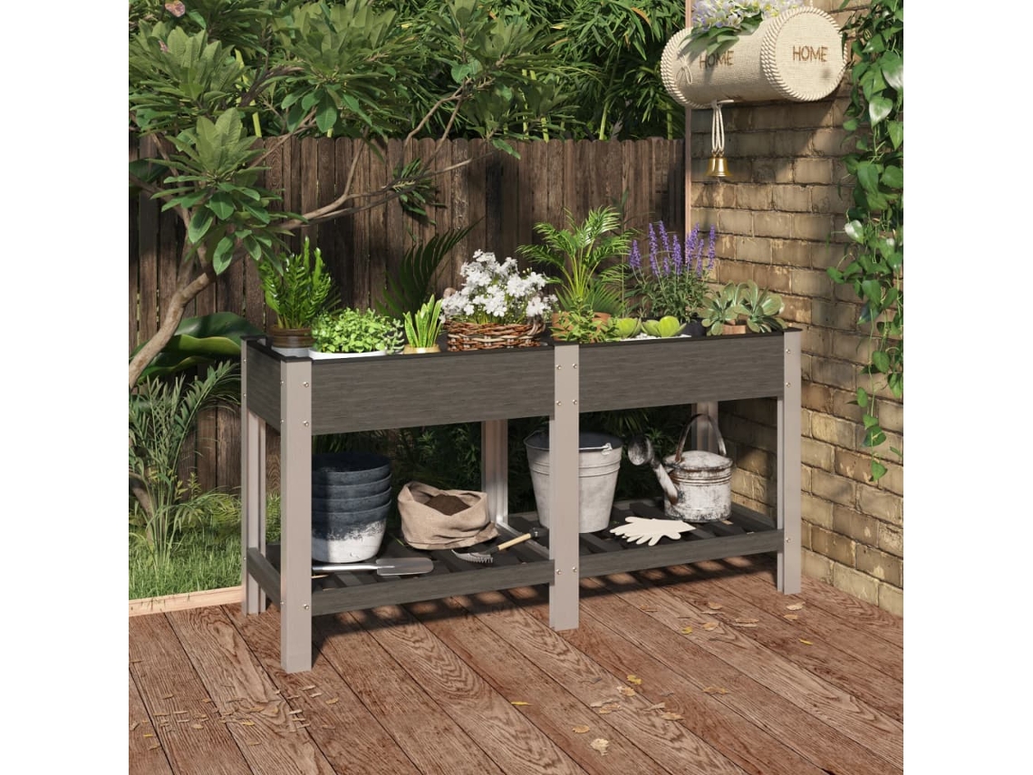 Vidaxl Canteiro Elevado Jardim C/ Prateleira 150x50x75 Cm Wpc Cinzento