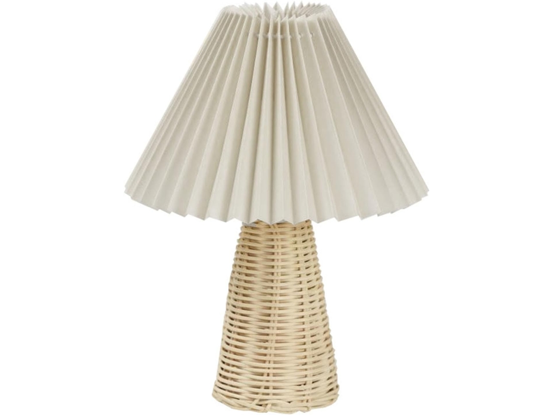 Abajur De Mesa Em Rattan Plissado, Luminária De Cabeceira Em Estilo Vintage Com Luz Led Suave E Quente, Cúpula De Tecido