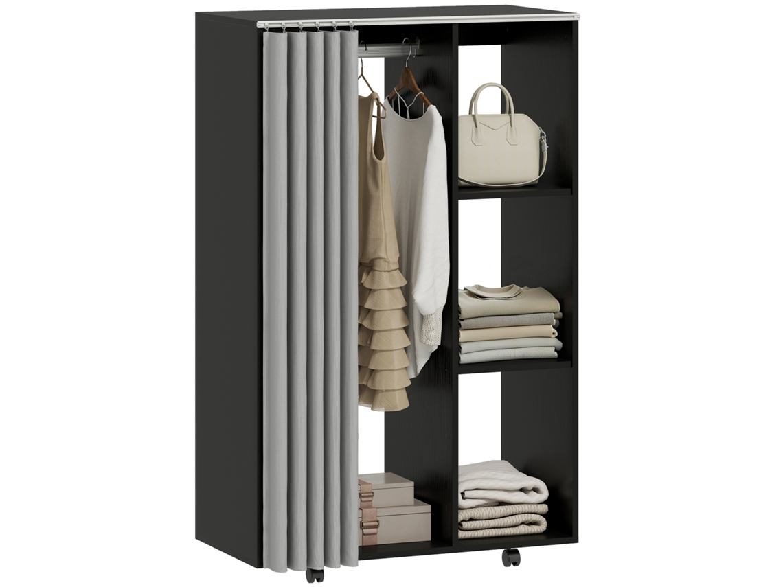 Guarda-roupa Móvel Com 4 Rodas, Cabideiro E Prateleiras Abertas, 80 X 40 X 128 Cm, Preto