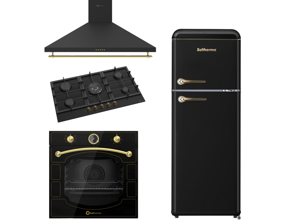 Pack Combinado Solthermic Fogão A Gás 90 Bl042 Preto 5 Queimadores Forno Elétrico Preto Exaustor Preto 90 Frigorífico Retro Preto 1,47