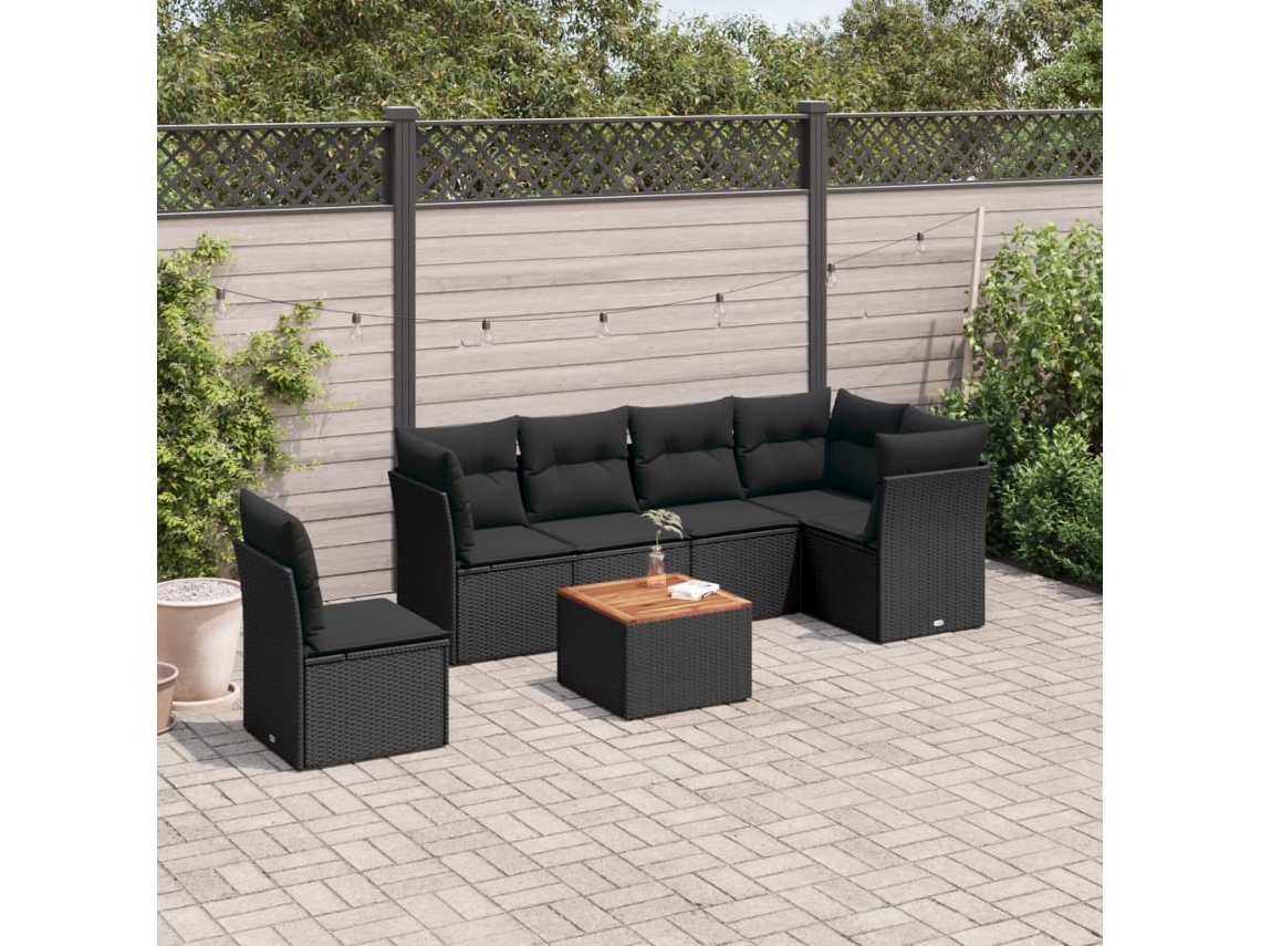 Vidaxl 7 Pcs Conjunto De Sofás P/ Jardim C/ Almofadões Vime Pe Preto