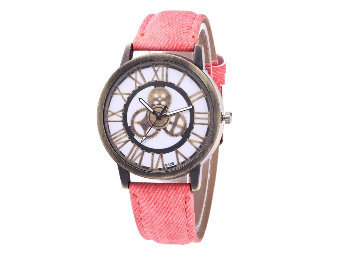 Relógio de pulso casual unissex Zhoulianfa com pulseira de jeans rosa.