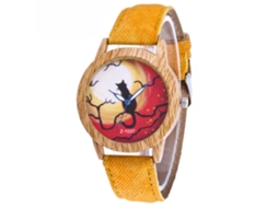 Relógio de quartzo Zhoulianfa Halloween Cat com textura de madeira e liga metálica (amarelo)