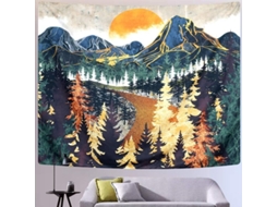 Tapeçaria de parede com montanhas, floresta, árvores, pôr do sol, caminho e natureza para decoração de interiores e exteriores.