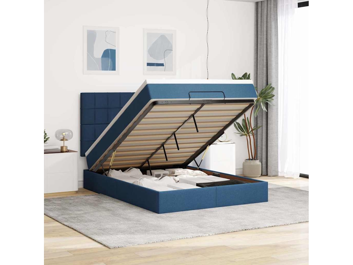 Vidaxl Estrutura De Cama Otomana Com Colchão 140x190cm Tecido Azul