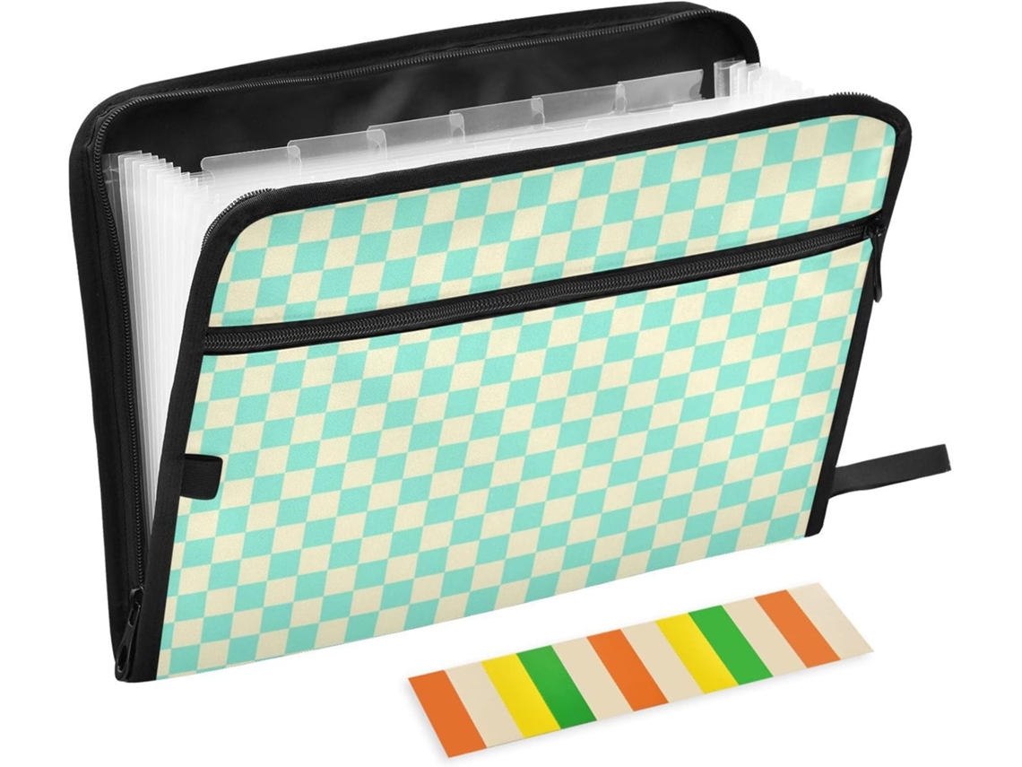 Pasta Expansível Em Padrão Xadrez Amarelo Esverdeado, Com 13 Bolsos, Tamanho A4 E Carta, Com Fecho De Zíper Pastas