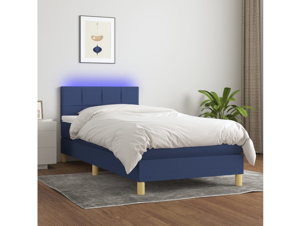 Vidaxl Cama Box Spring C/ Colchão E Led 100x200 Cm Tecido Azul