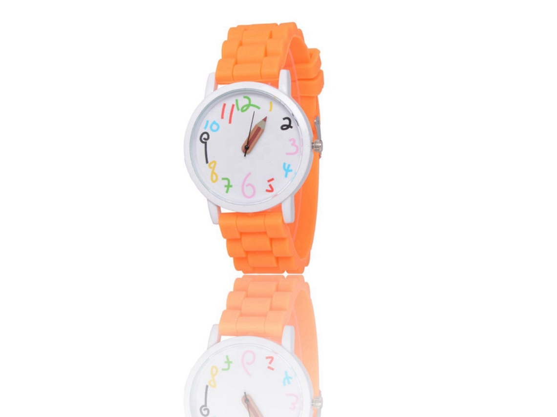 Relógio de pulso feminino de quartzo com pulseira de silicone e mostrador redondo colorido (laranja)