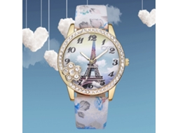 Relógio de Pulso Feminino Vansvar com Strass e Estampa Floral em Couro Pu Azul Claro