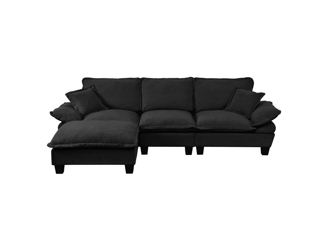 Sofá Modular em L Estilo Nuvem com Design de Barco, Inclui Puff Móvel e 2 Almofadas, Tecido Chenille Confortável, Preto. COMÉRCIO