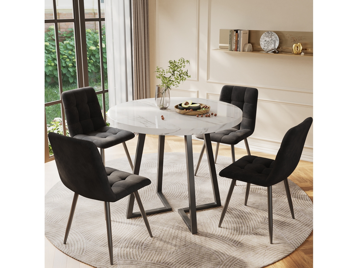 Jogo De Jantar 5 Peças, Mesa Redonda 80cm, Mdf Branco, Pés Metal Preto, 4 Cadeiras Veludo Preto.