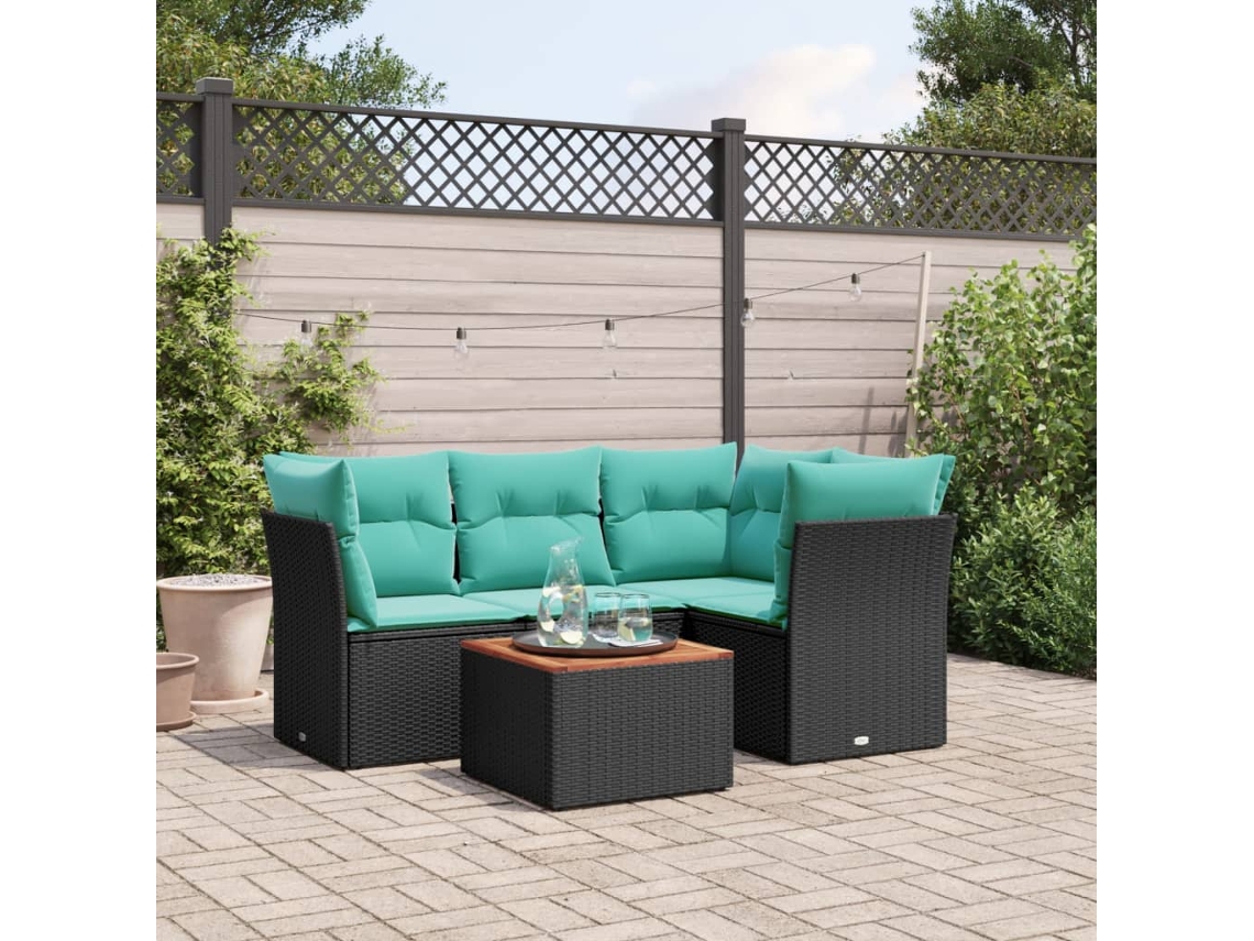 Vidaxl 5 Pcs Conjunto De Sofás P/ Jardim C/ Almofadões Vime Pe Preto