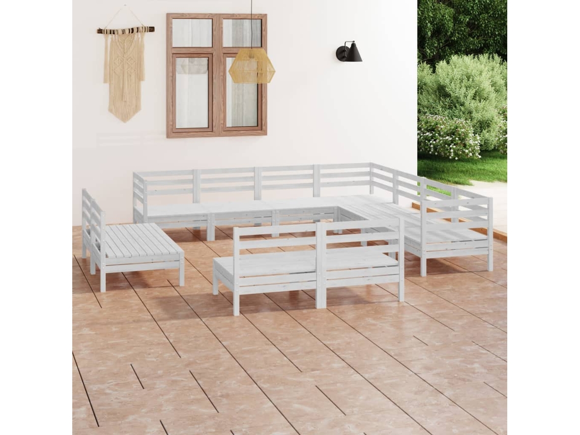 Vidaxl 11 Pcs Conjunto Lounge De Jardim Pinho Maciço Branco